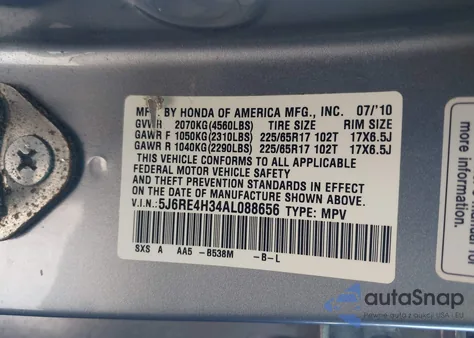 2010 Honda Cr-V Lx z USA, uszkodzony, nr VIN 5J6RE4H34AL088656